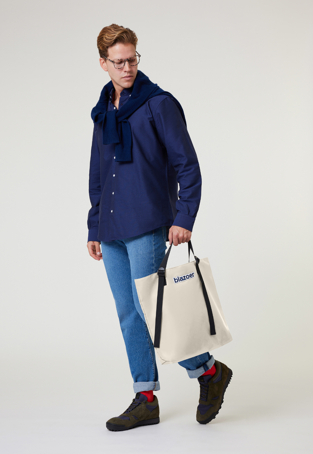 Regular tote - off-white + navy logo patch